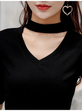 挂脖V领T恤女中袖2025春夏新款修身显瘦纯棉黑色锁骨性感长袖上衣