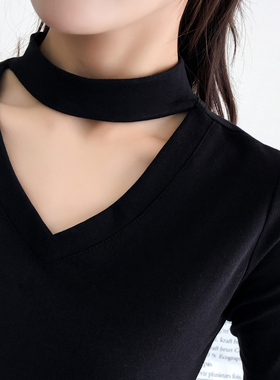 挂脖上衣女外穿2025早春新品修身显瘦打底衫简约纯黑色长袖v领T恤