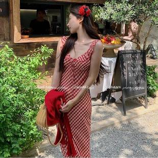 2025夏季新款甜美法式红色格子吊带网纱连衣裙子女度假风鱼尾长裙