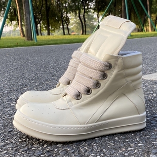 新款 粗鞋 欧美潮鞋 真皮男鞋 带 米白色短靴ro倒三角高帮鞋 2022ss秋季
