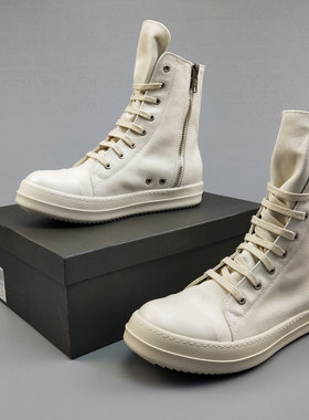 ro白色高帮鞋男厚底帆布百搭板鞋女休闲情侣系带小白鞋拉链短靴