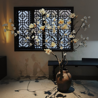 中式橱窗造景高级会所仿真玉兰花