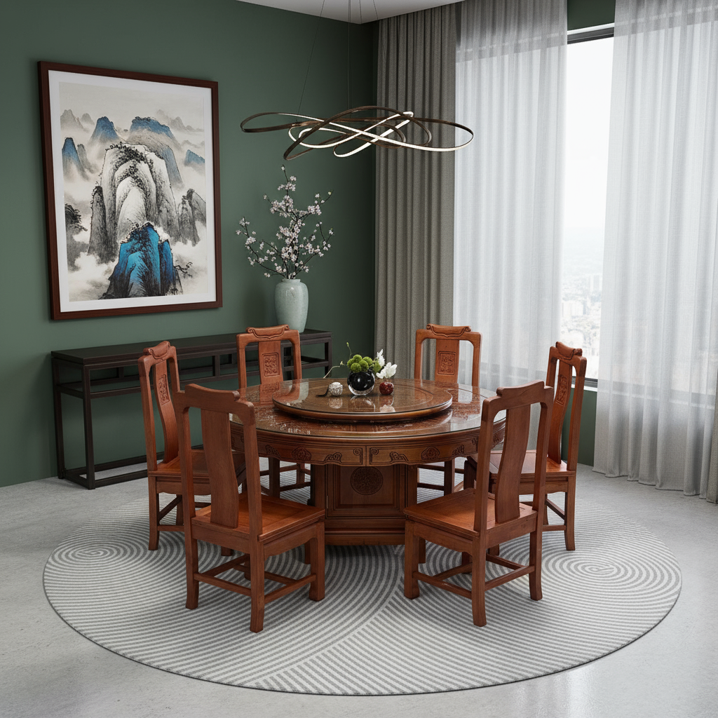 【Justin】家用餐桌简约餐厅花梨色餐桌椅组合全实木圆桌格木家具