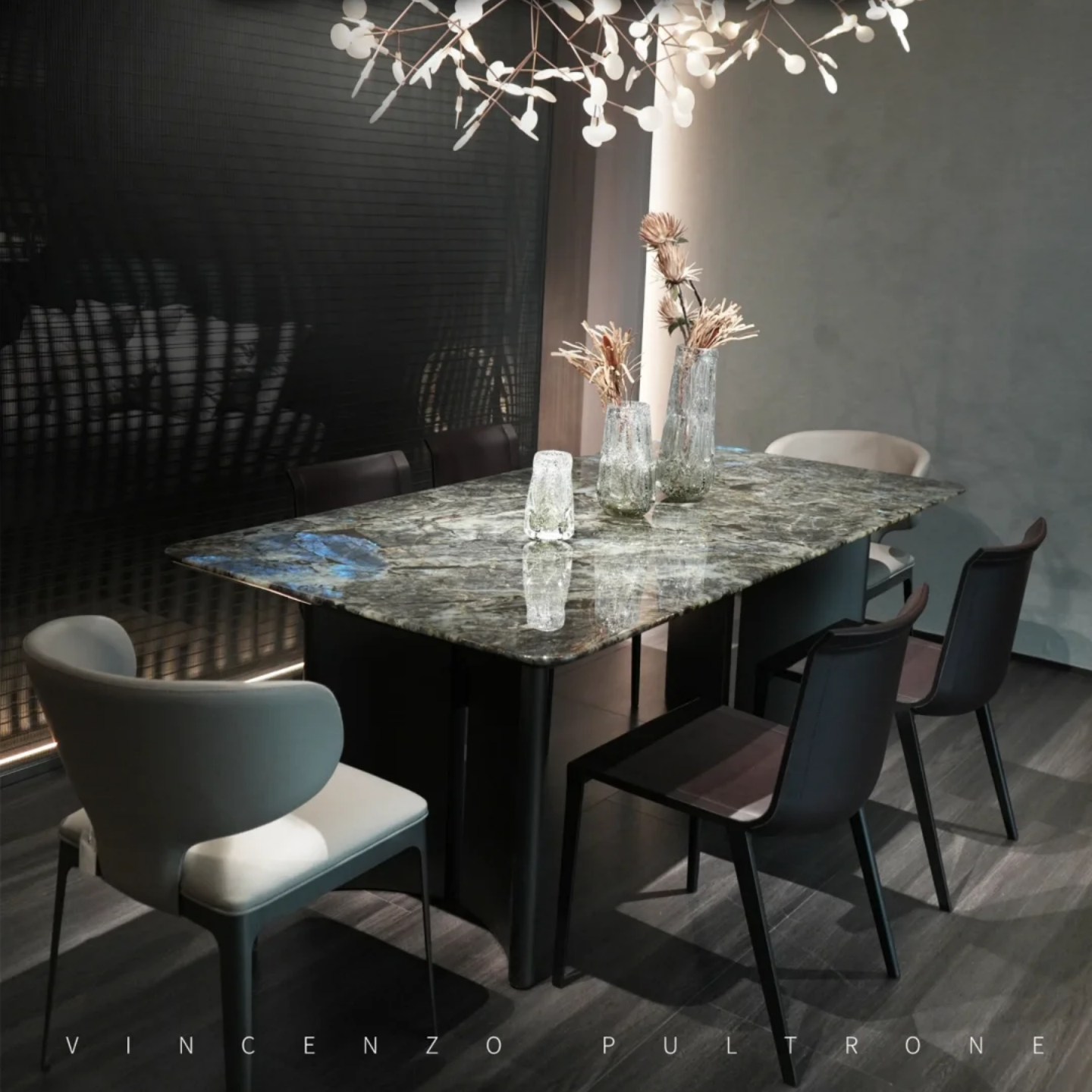 【Justin】轻奢条形蓝翡翠天然大理石奢石餐桌别墅高端餐桌椅组合