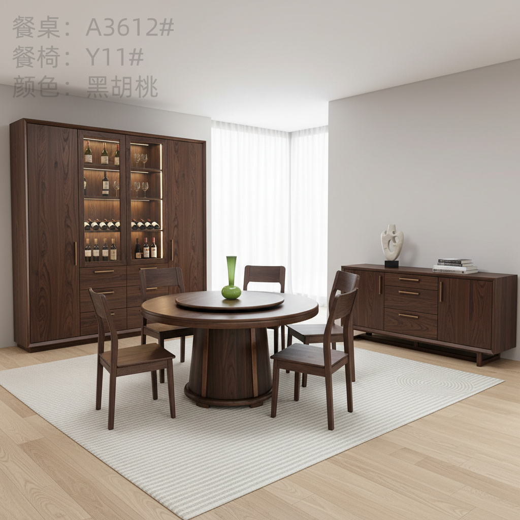 新中式黑胡桃色实木餐桌椅组合
