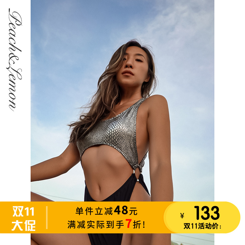 PL欧美风拼色镂空连体泳衣女2025新款沙滩高叉高腰显瘦性感比基尼