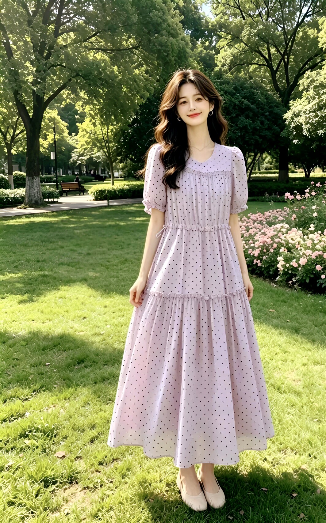 新款春夏款时尚气质修身显瘦中长点点印花减龄连衣裙女新疆包邮