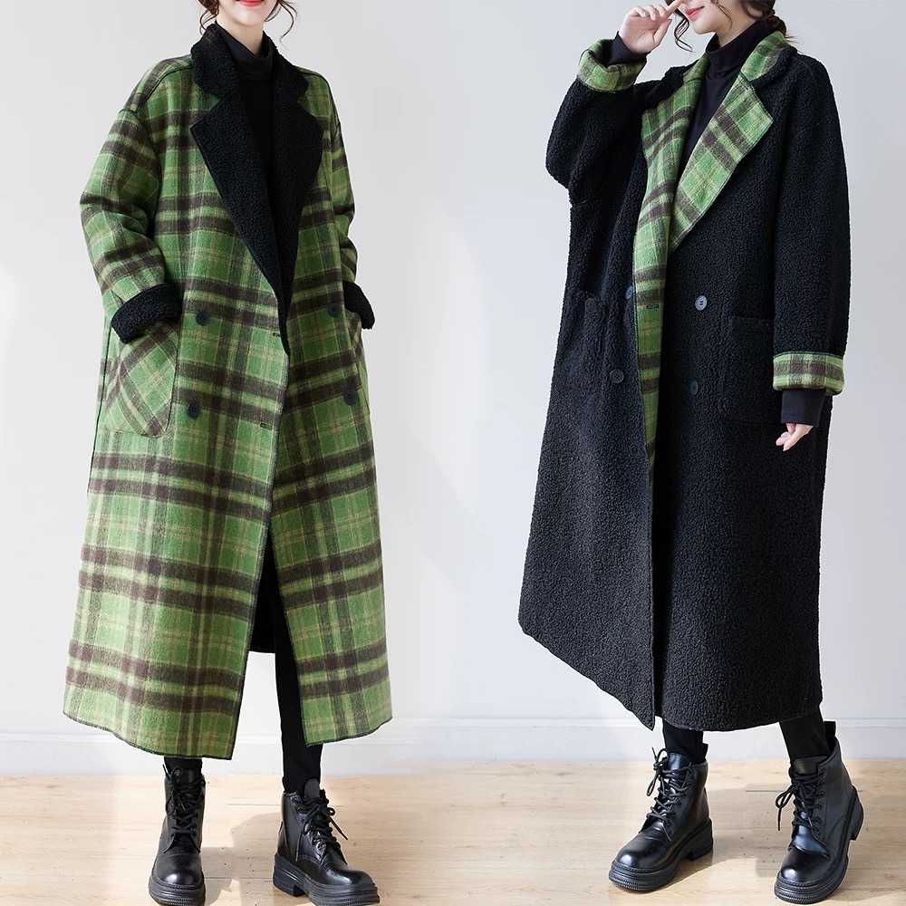 两面穿毛呢外套女冬季高级感加厚复古格子中长款羊羔毛新疆包邮