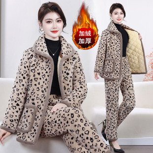 外套中老年棉衣棉裤 加厚冬季 保暖时尚 加绒豹纹棉服女装 两件套 新款