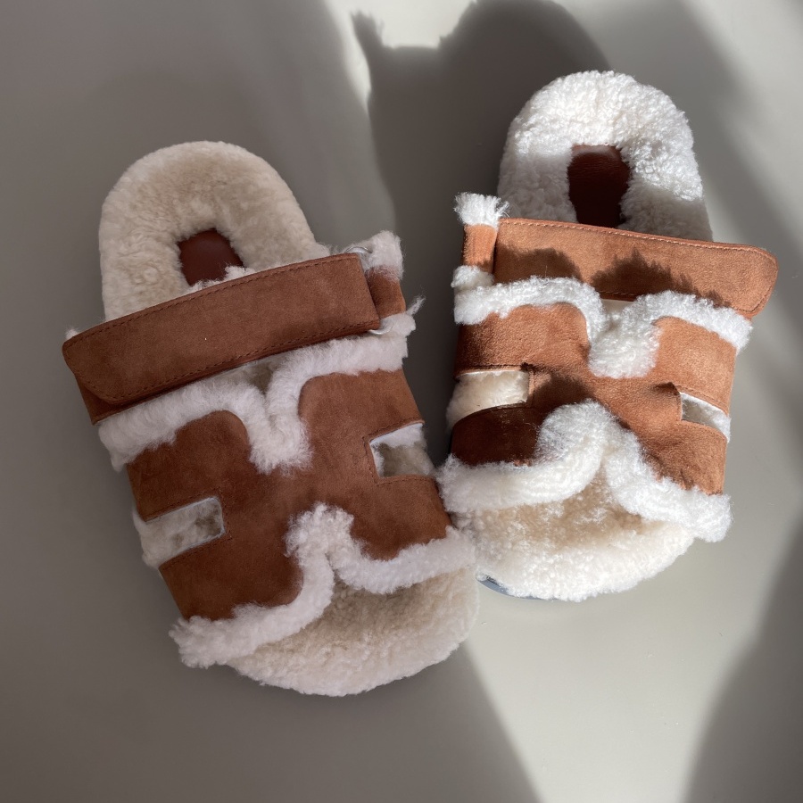 羊羔毛毛拖鞋女魔术贴一字拖