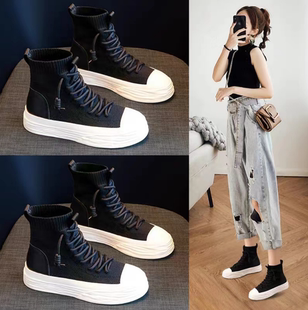 透气靴子欧货弹力休闲飞织短靴春秋款高帮袜子针织鞋马丁靴女款潮