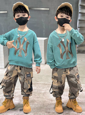 跨境童装男童时尚套装春款中大童圆领套头卫衣迷彩裤两件套潮
