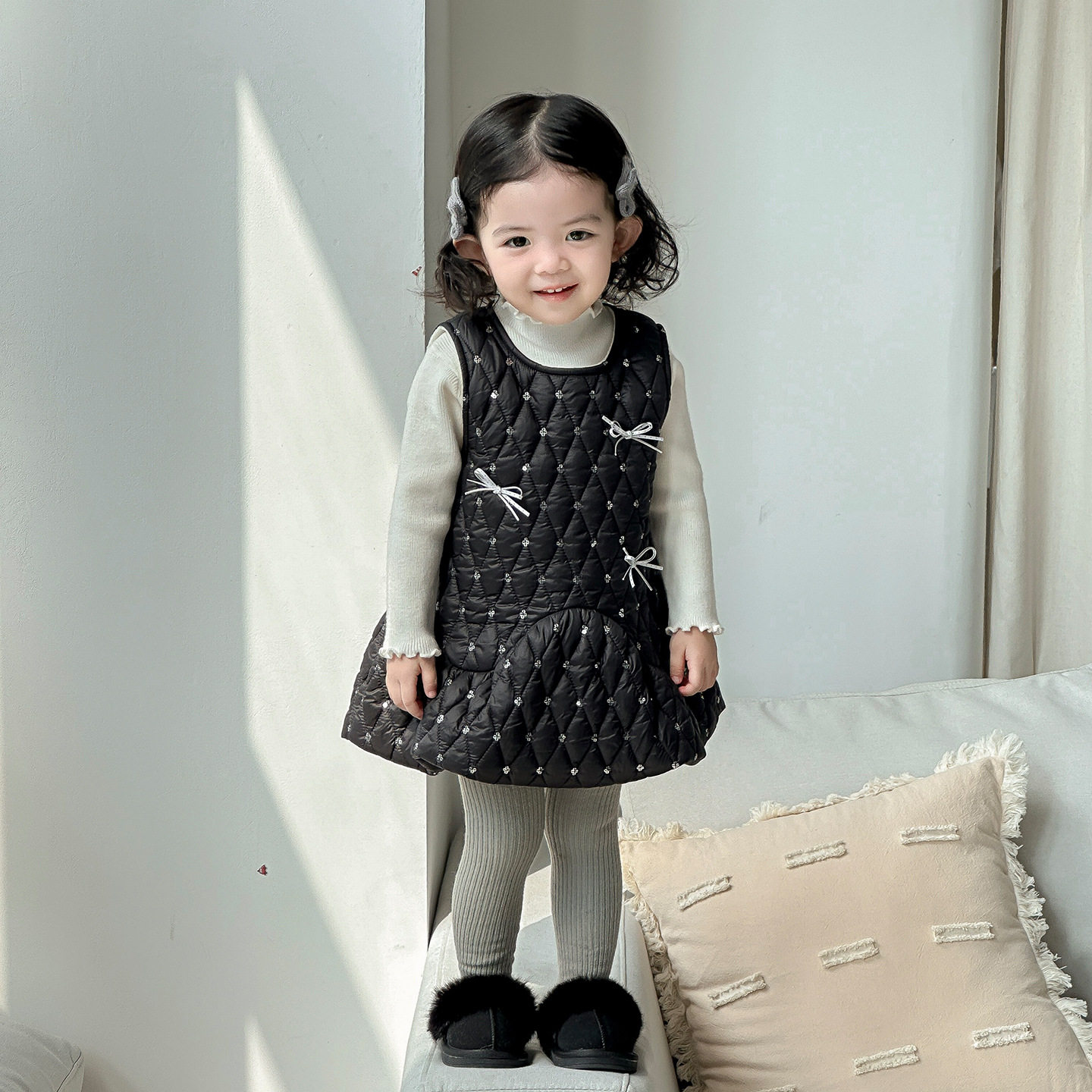 点兮2025秋冬新款婴幼儿绗棉连衣裙套装女宝宝加绒裙子毛衣两件套