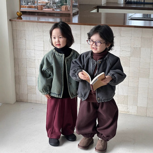 蒙田通知儿童复古牛仔外套男女童加厚长毛绒开始夹克中小童冬装