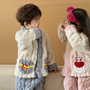 儿童A类睡衣男女童秋冬季珊瑚绒法兰绒中大童可爱韩版家居服套装