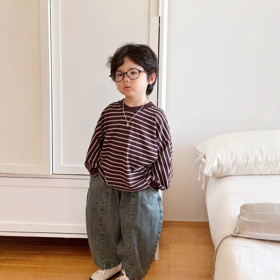 蒙田童装2025儿童春秋季条纹长袖T恤男女宝宝简约宽松蝙蝠衫内搭