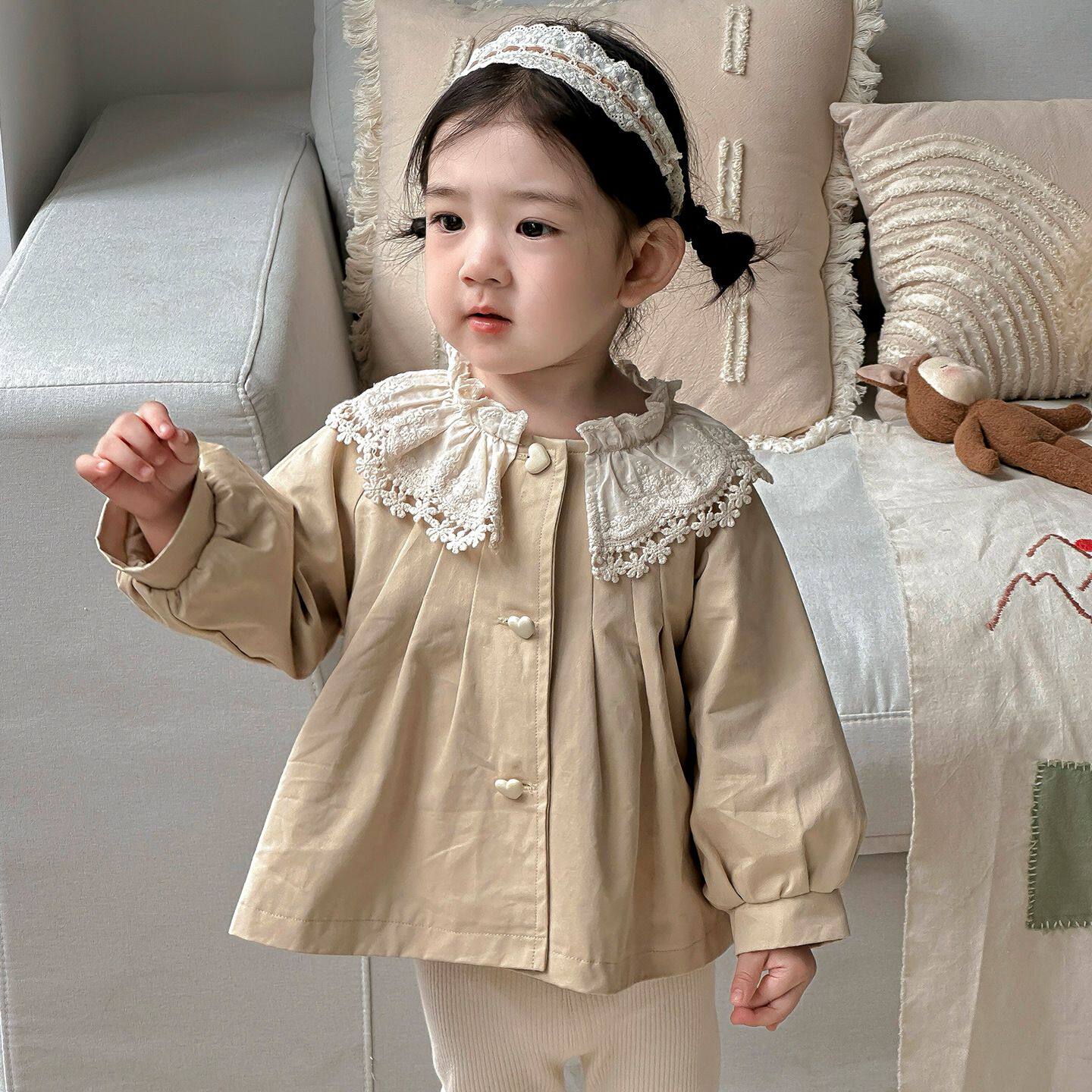 点兮2025秋季新款婴幼儿花边领风衣套装女宝洋气外套打底裤两件套