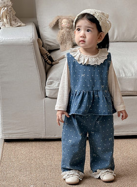 点兮女童套装春装新款洋气婴幼儿牛仔马甲裤子打底衫春秋宝宝衣服
