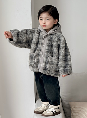 点兮冬季新款婴幼儿加绒毛毛外套套装男宝宝加厚开衫打底衫牛仔裤