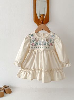 童装连衣裙2025春季新款韩版女童荷叶边长袖花朵刺绣儿童公主裙子