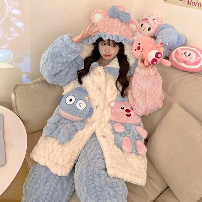 睡衣女冬季珊瑚绒三层夹棉加厚加绒2024新款可爱草莓熊冬天家居服