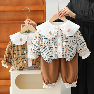 五小七童装2025春秋新款0-4岁中小童女童可爱外套衬衫裤子三件套