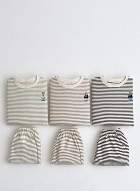 韩版ins童装秋季新品儿童男女宝小熊卡通条纹套装休闲长裤两件套