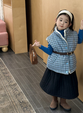 2025冬季新款童装 韩版童装 女童细格子蓝色加绒马甲 加棉马甲冬