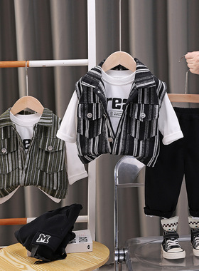 男童春款套装2025新款帅气男童春装1-5岁4男宝宝竖条马甲三件套潮