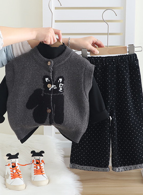 五小七童装2025新款韩版春秋季0-5岁中小童女童猫咪毛衣三件套装
