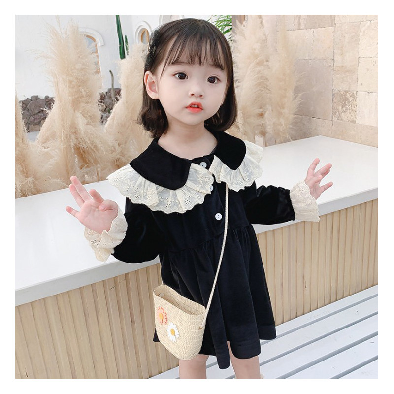 韩版加绒女童连衣裙冬装宝宝纯色公主裙儿童加厚裙子潮公主风裙摆