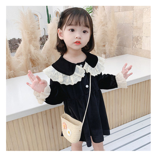 韩版加绒女童连衣裙冬装宝宝纯色公主裙儿童加厚裙子潮公主风裙摆