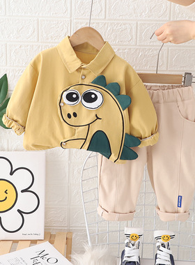 五小七童装2025春秋新款0-5岁中小童男女童全棉立体恐龙衬衫2件套