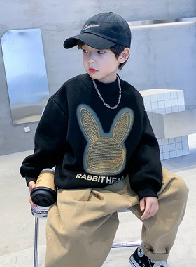 男童春季黑色兔子卫衣2024新款中大儿童装衣服男孩春秋装潮牌上衣