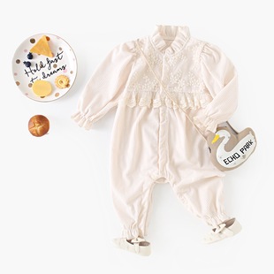 婴儿衣服灯芯绒女婴连体衣蕾丝新生儿宝宝长袖哈衣秋冬公主风爬服