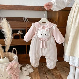 点兮冬季新款婴幼儿小猫加绒背带裤套装女宝卡通连体衣打底两件套