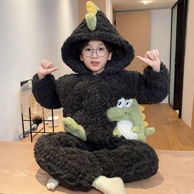 三层夹棉加绒加厚珊瑚绒男童冬季新款中大童家居服套装加厚连帽12