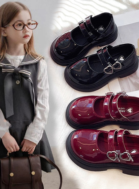 女童黑色亮皮学生鞋2025春秋新款中大儿童爱心扣小皮鞋防滑表演鞋