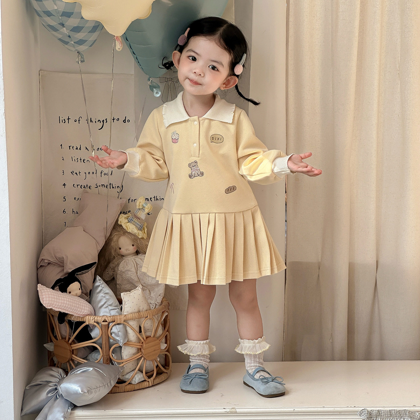 点兮春季新款婴幼儿卡通拼接衬衫裙女宝宝洋气学院风百褶针织裙子