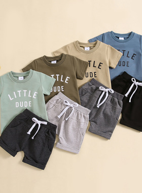 童装外贸圆领字母印花短袖上衣纯色短裤两件套多色款一件时尚