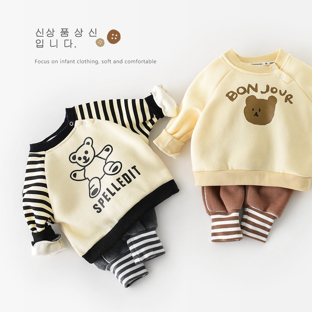 2024深秋新款ins韩版婴幼儿男女宝宝卡通熊印花长袖套头加厚卫衣