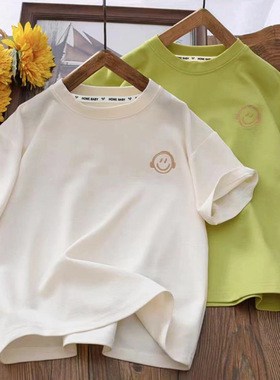 儿童休闲圆领纯色短袖T恤笑脸刺绣男女童中大童百搭半袖洋气上衣