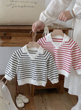 童装秋季新款儿童卫衣Polo立领条纹男童小众设计感女宝宝洋气上衣