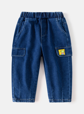 男童牛仔裤2025韩版童裤宝宝靛蓝色卡通贴布长裤儿童裤子一件时尚