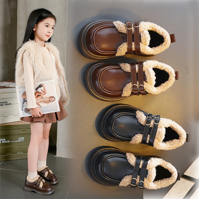 2025秋冬款新款冬季女童鞋子儿童公主小皮鞋加绒宝宝豆豆洋气毛毛
