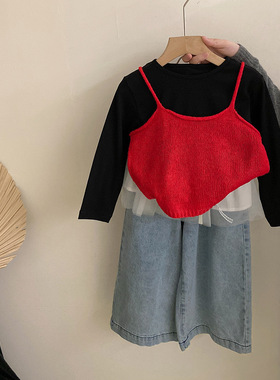 气质春季套装2025新款长袖黑色T恤针织吊带女童网纱屁帘牛仔裤潮