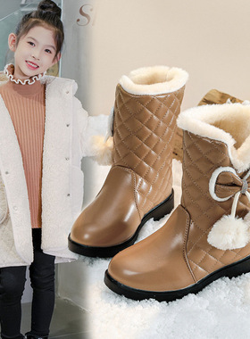 女童靴子冬季2025新款儿童雪地靴中大童保暖防滑公主皮短靴中筒靴