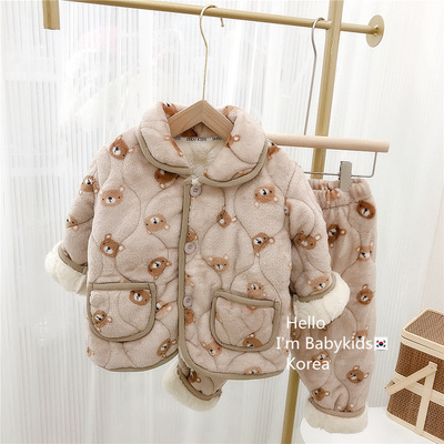 儿童睡衣冬季三层加厚款珊瑚绒套装男女童法兰绒夹棉秋冬家居服