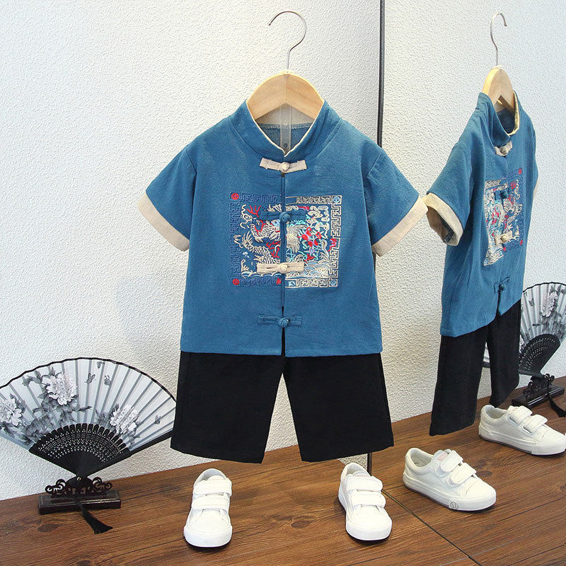儿童汉服男童唐装刺绣童装棉麻宝宝周岁少爷服古风套装民族风