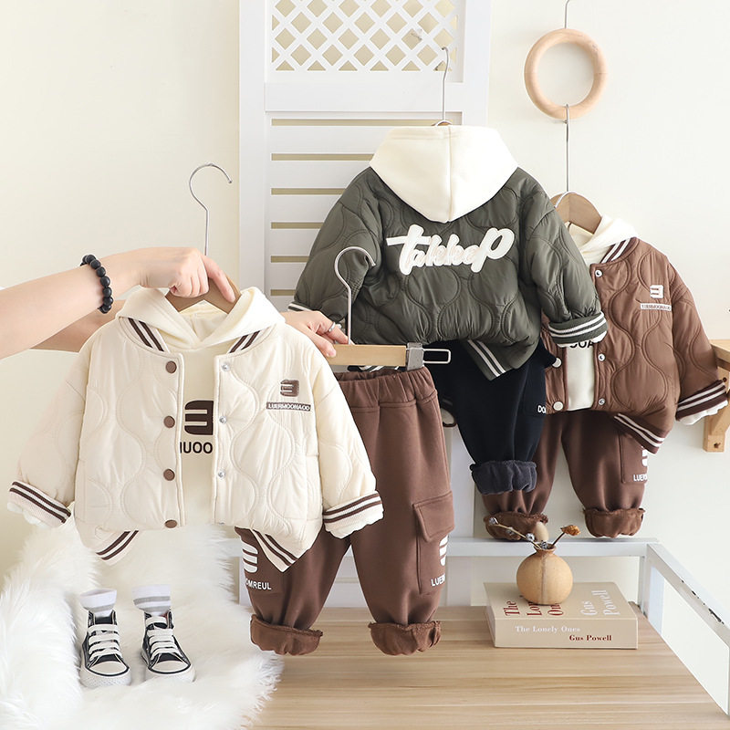 男童秋冬季套装新款洋气男宝宝冬装加绒加厚棉服三件套婴儿童装潮